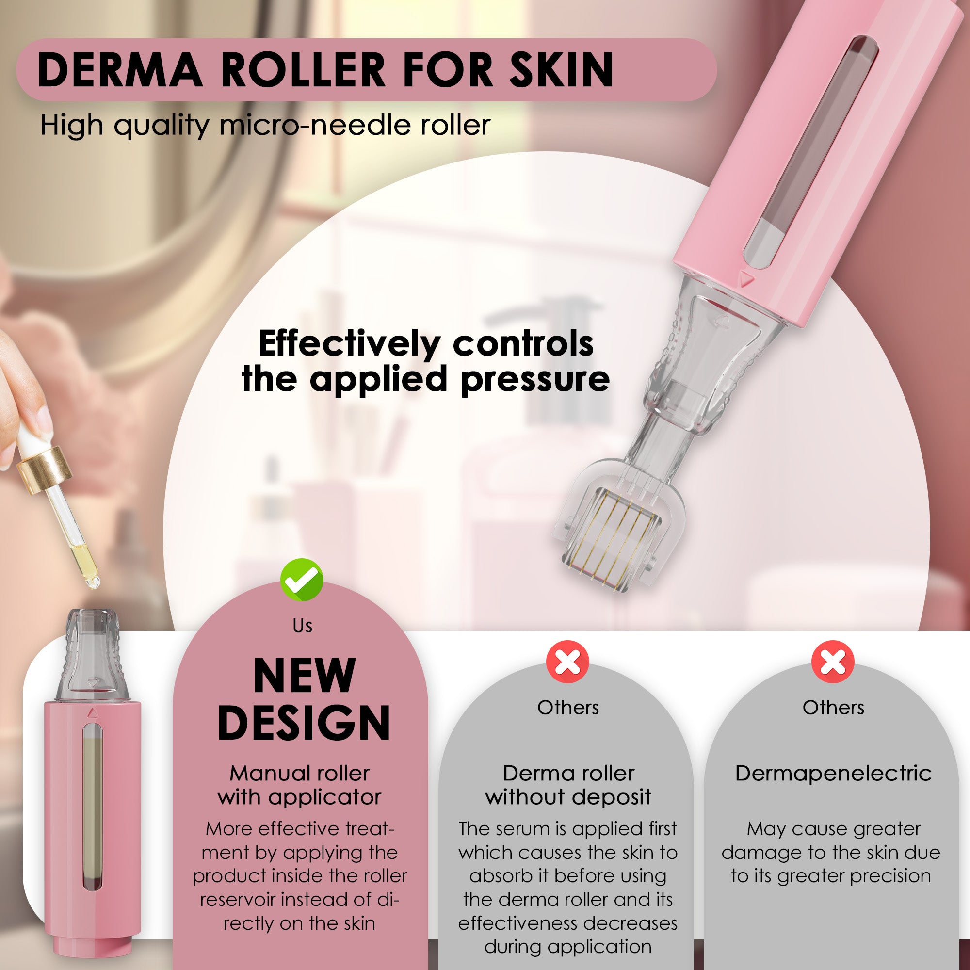 Derma roller with serum tank, pink 0,25 mm | HAMINOS®️