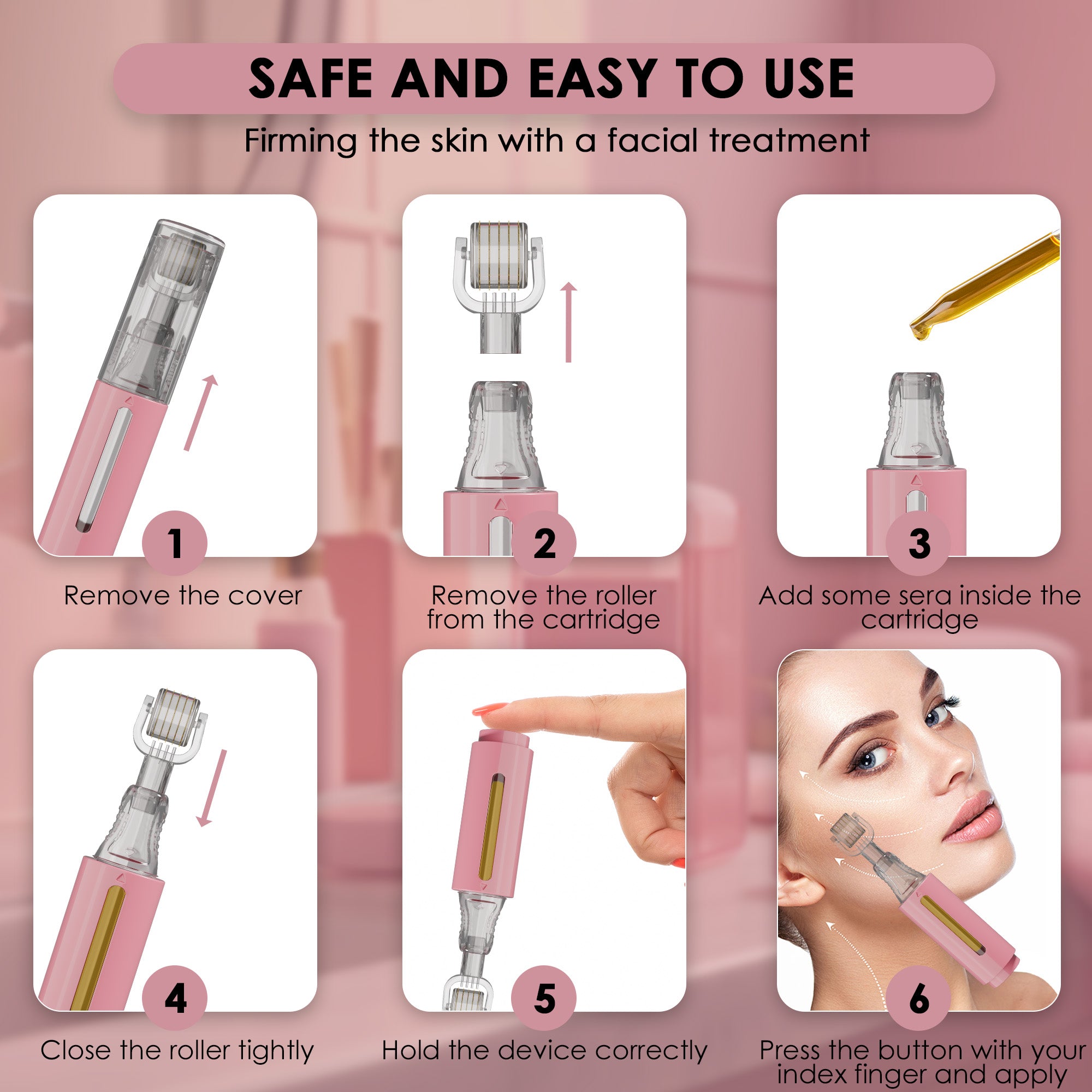 Derma roller with serum tank, pink 0,25 mm | HAMINOS®️