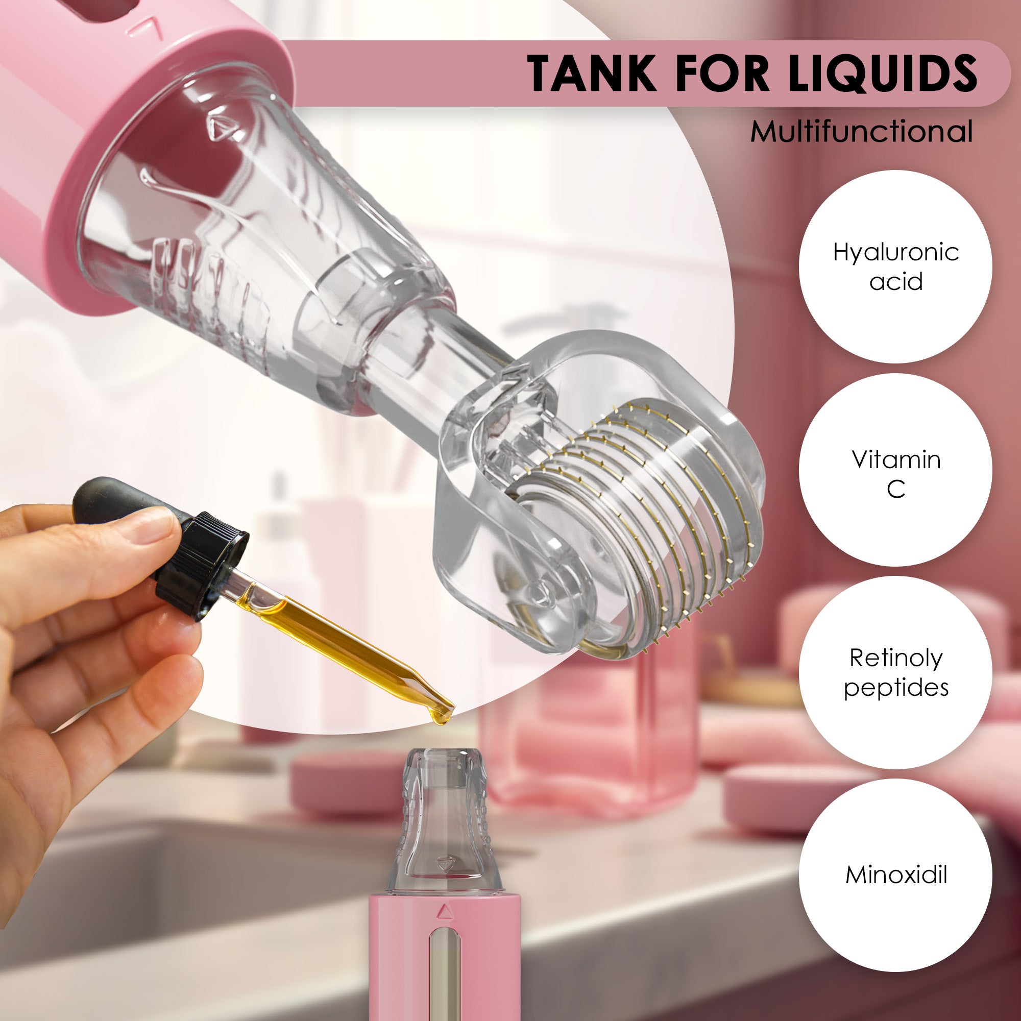 Derma roller with serum tank, pink 0,25 mm | HAMINOS®️
